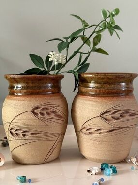 Handmade Studio Pottery Vases set of Two Signed Wheat Design